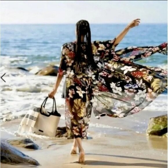 Walter Baker Tulum Caftan Kaftan Duster Black Floral Tropical One Size OS NWT - Picture 3 of 12